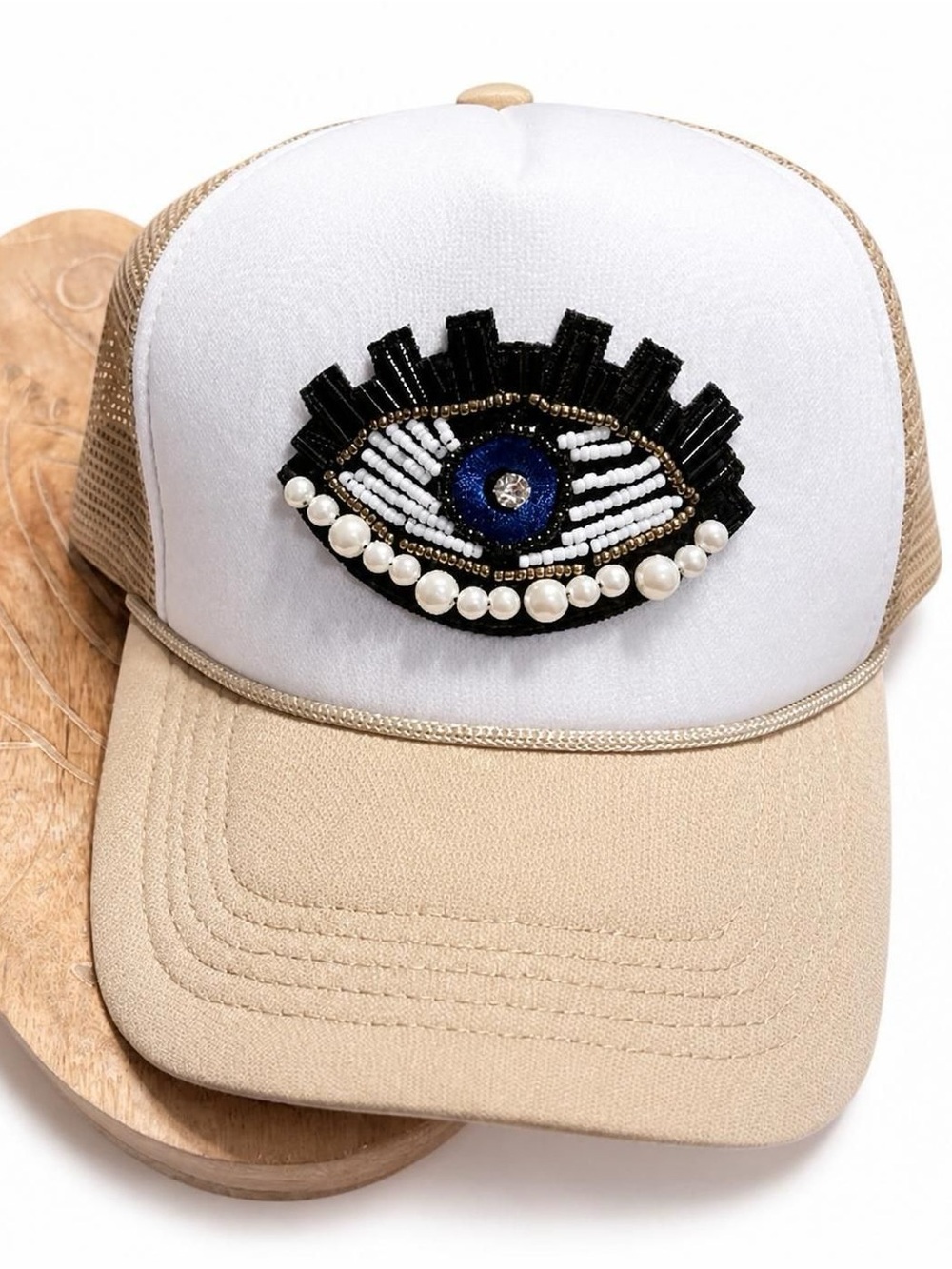 Beaded Eye Trucker Hat in Beige and White
